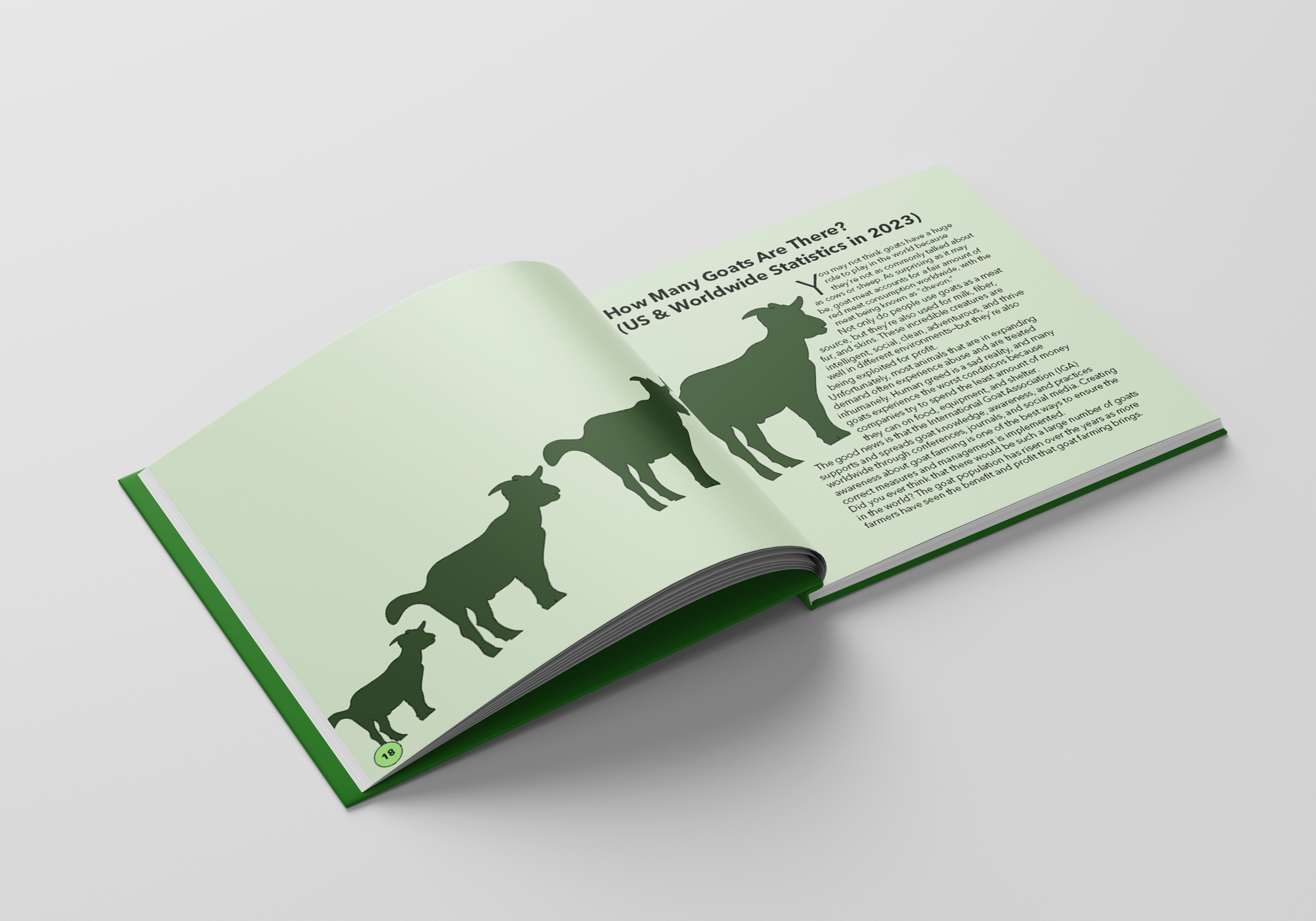 Goat type book mockup open page book with green goat outlines in a descending order paired with text